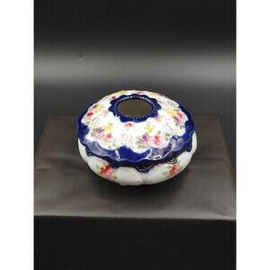 Vintage Hair Receiver Porcelain Hand Painted Lidded Dish Dresser Vanity Floral